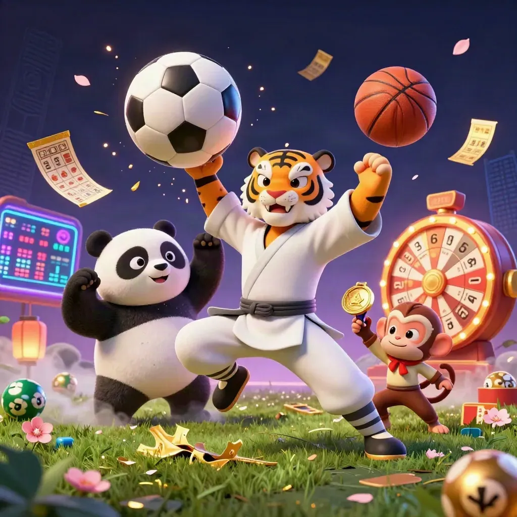 Tigre, panda e macaco em cena neon com bola, medalha, roleta e luz de cassino.