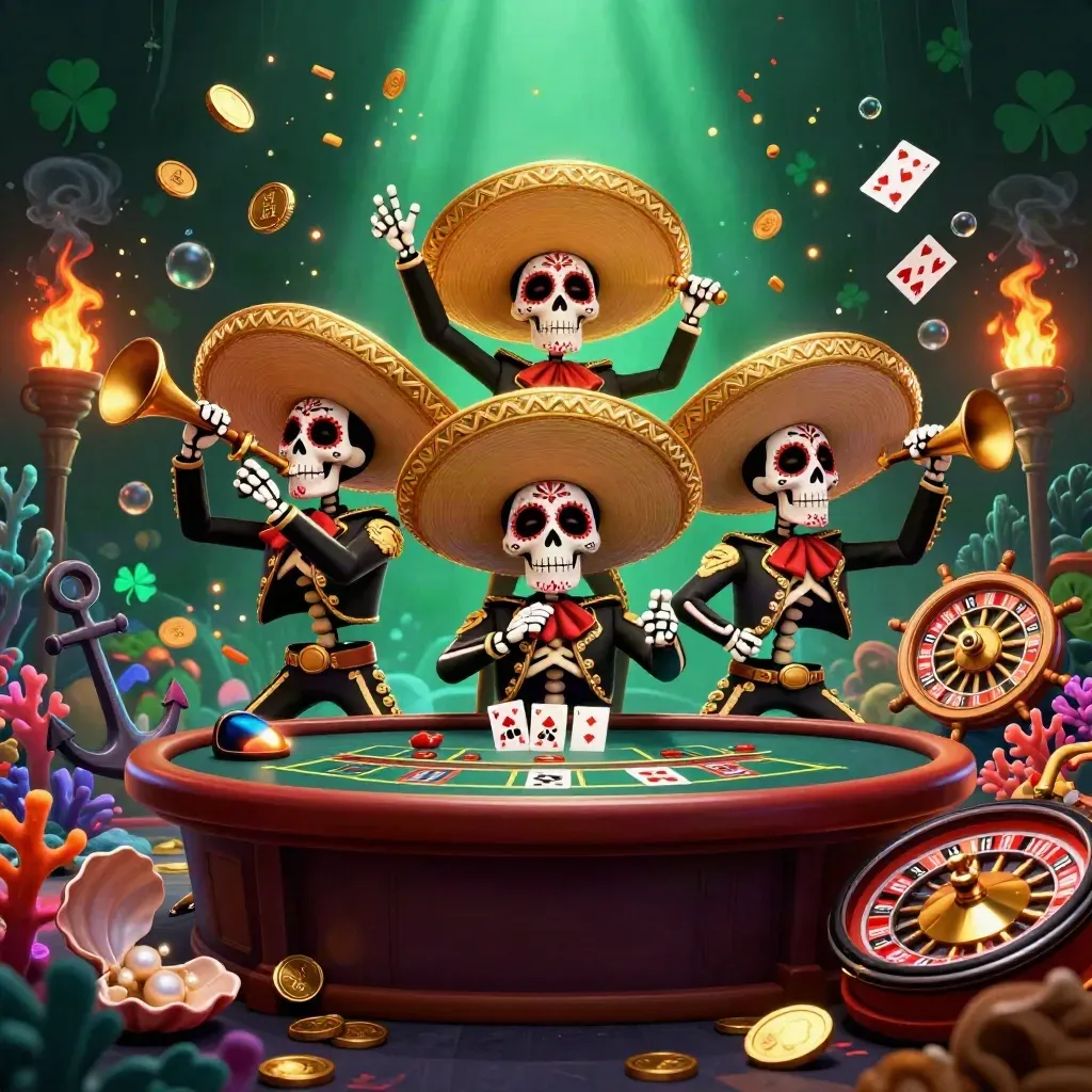 Trio de esqueletos mariachis em cassino subaquático, com moedas, corais e luz dourada.