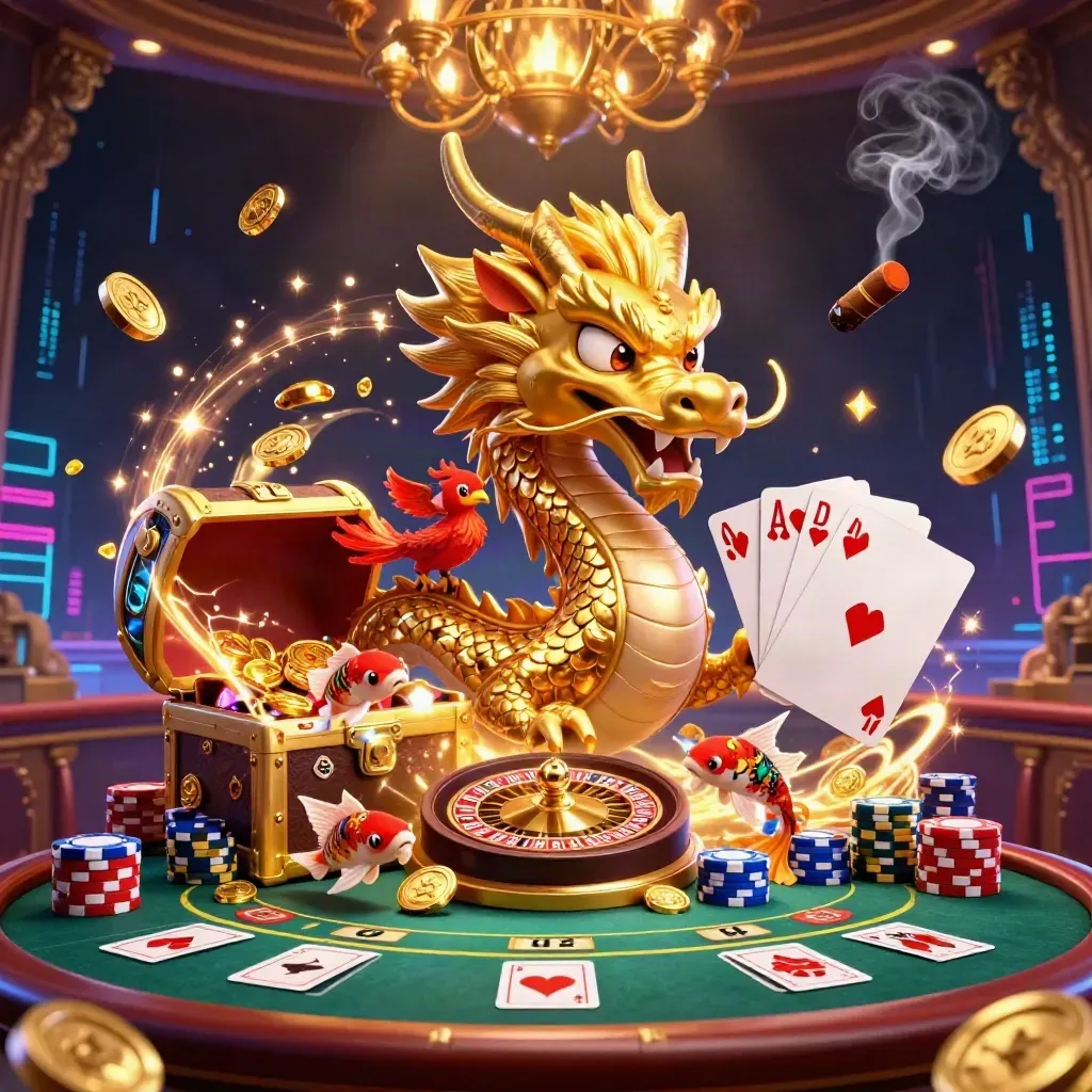 Dragão dourado, fênix e koi em mesa de cassino neon com moedas e cartas reluzentes.