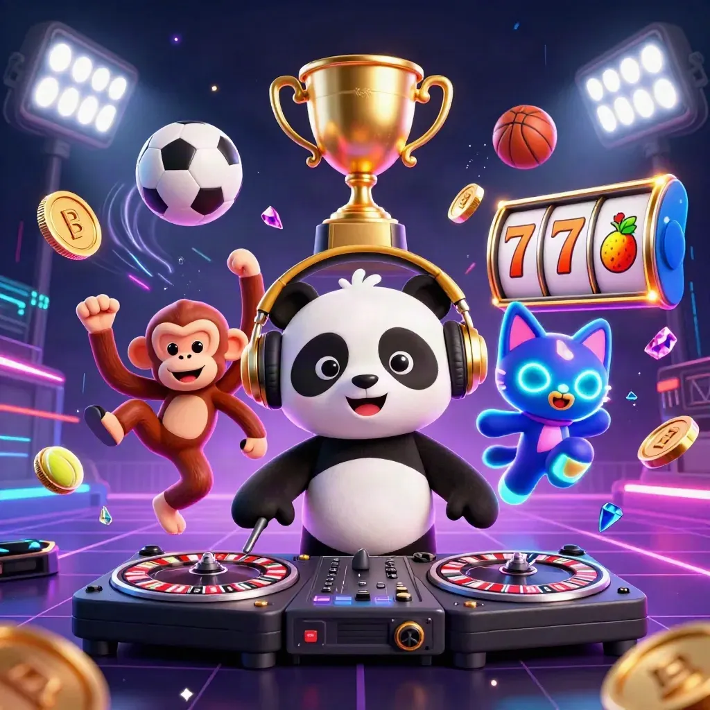 Panda DJ, macaco dançarino e gatinho neon cercados por bolas, troféu e moedas em um cassino espacial.