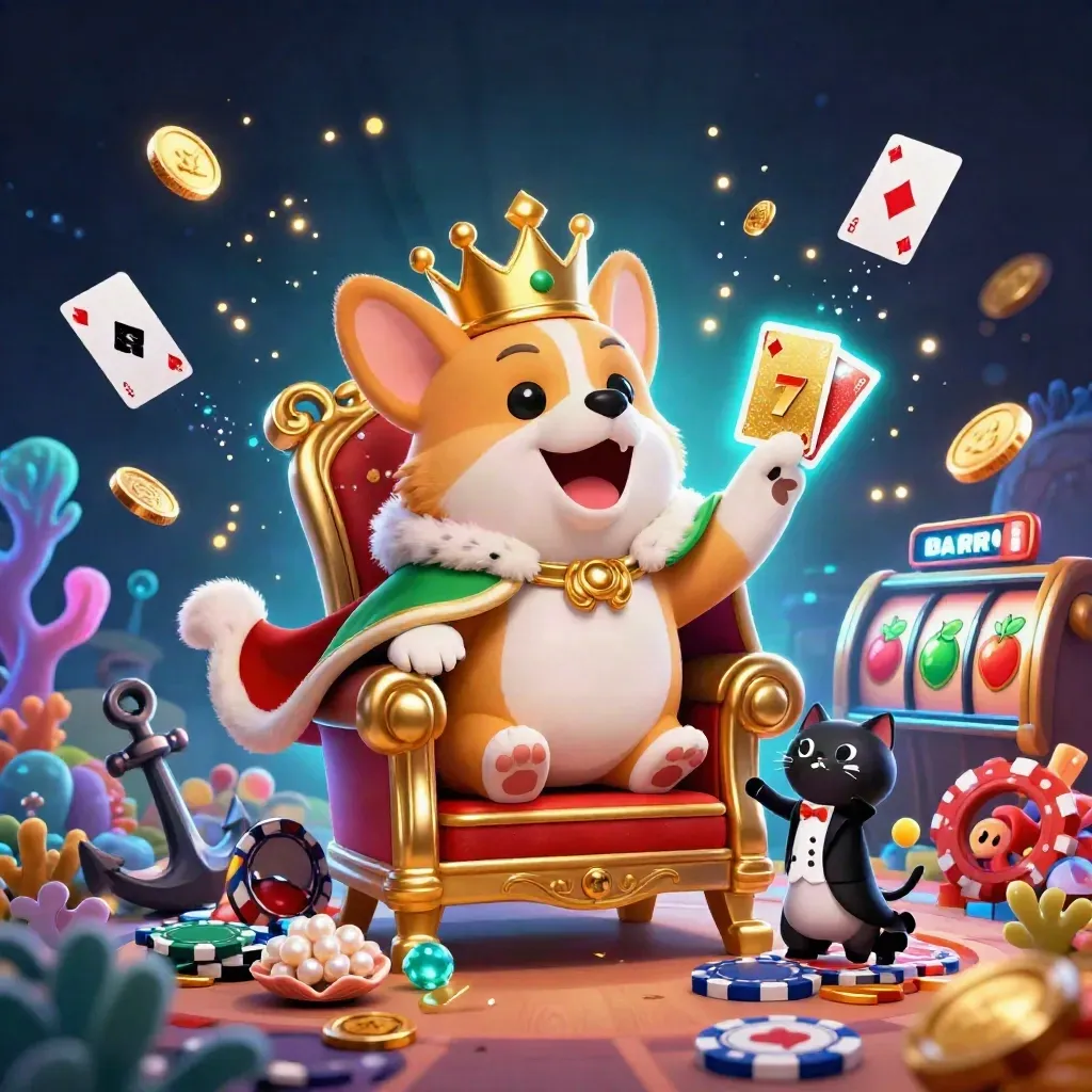 Corgi coroado e gato mordomo em cova submarina com tesouros, moedas e brilho neon.
